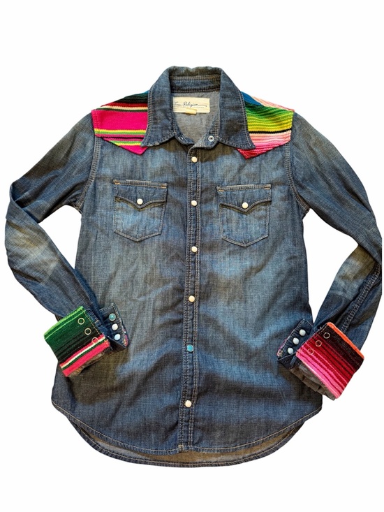 Tops - True Religion Rare Distressed Denim Georgia Baja Western Aztec Shirt Size Small